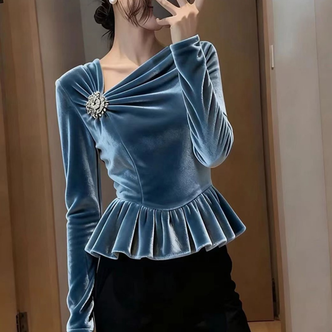 MY13832# 女裝貨源蓝色丝绒上衣女高级感轻奢减龄洋气独特漂亮法式掐腰...