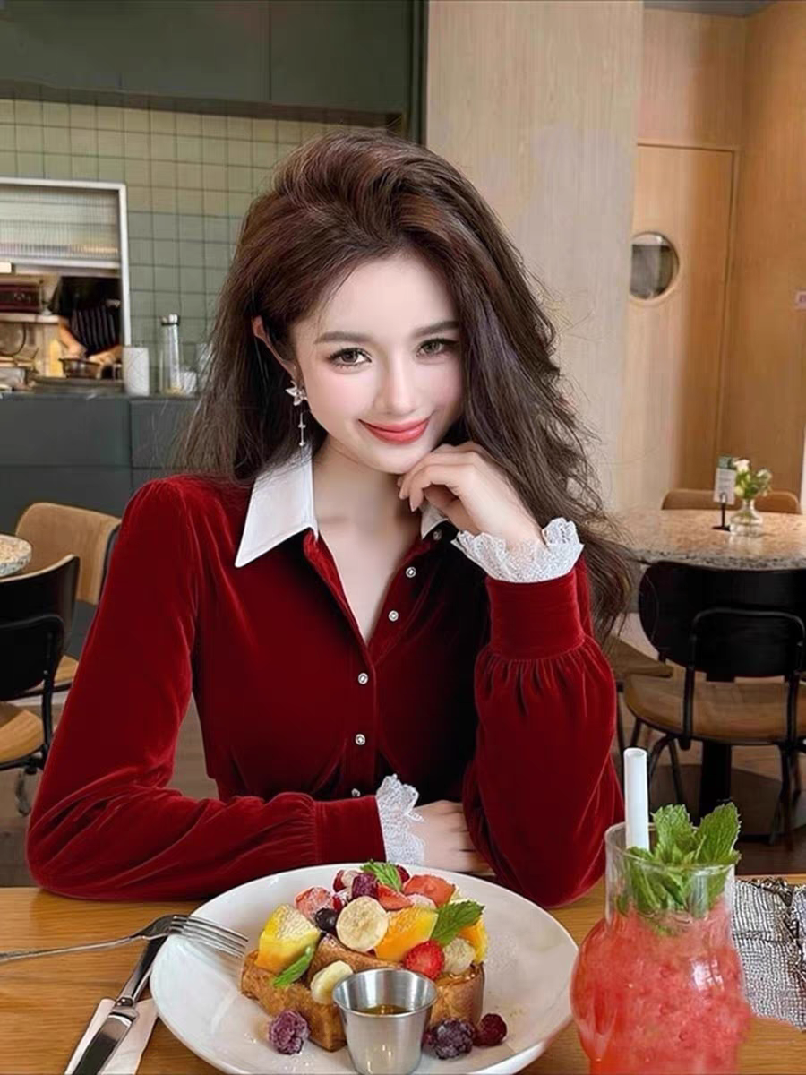 MY14790# 法式红色丝绒衬衫女长袖上衣新款气质独特洋气女裝貨源服裝批發