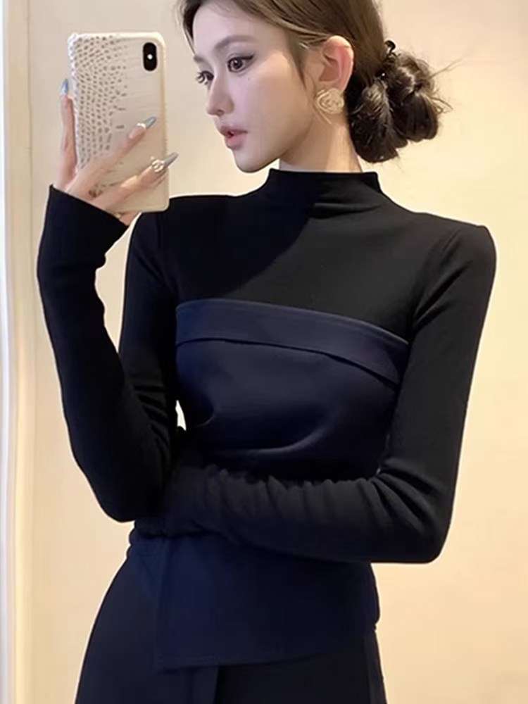 MY16669# 韩系小众不撞款上衣内搭打底衫黑色拼接半高领褶皱长袖t恤女...