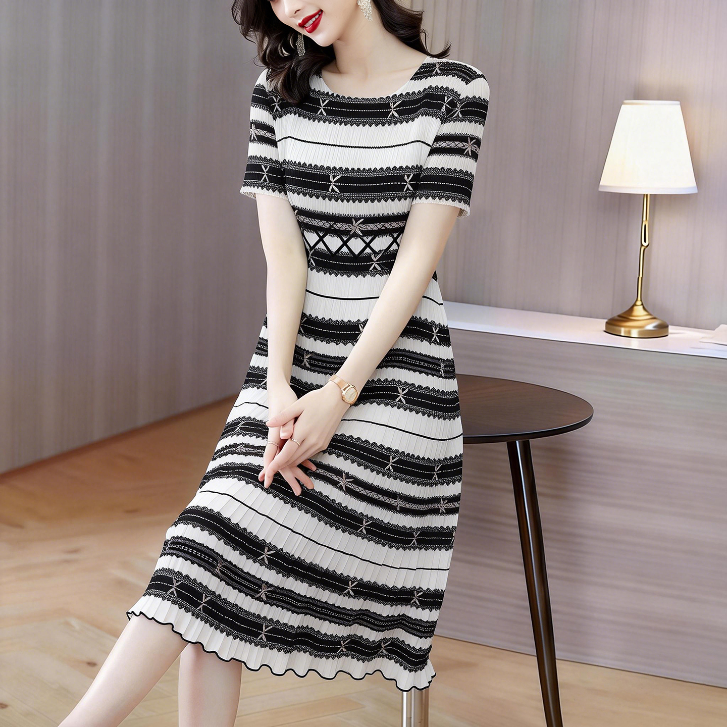 RY245# 大码女装三宅褶皱连衣裙胖mm显瘦遮肚长裙