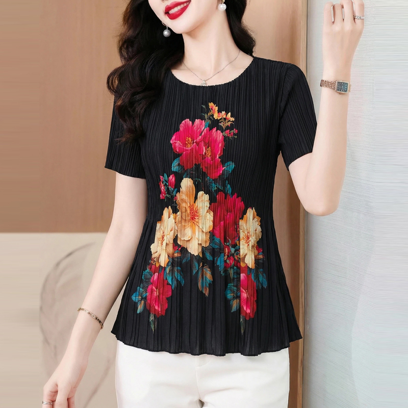 RY4197# 三宅风褶皱碎花上衣女夏 大码宽松遮肚子 中年妈妈洋气A字摆小衫