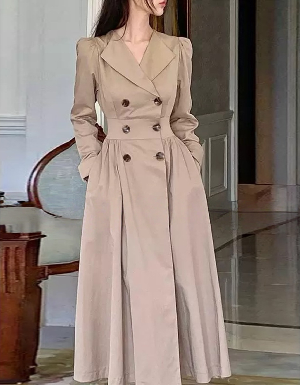 MY15221# 法式复古V领卡其色宽松双排扣收腰长袖风衣外套连衣裙女裝貨...