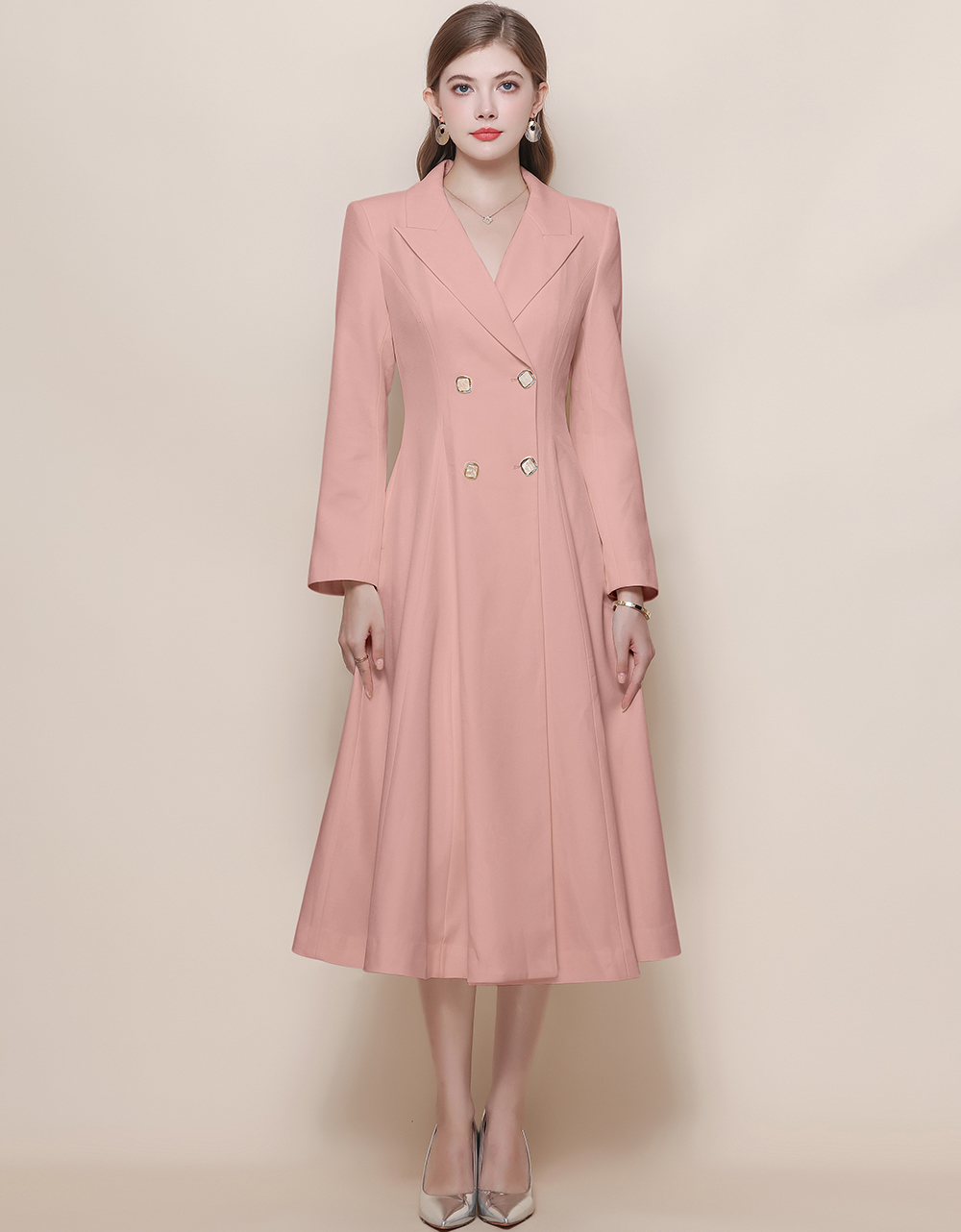 MY15220# 法式复古气质收腰显瘦双排扣大摆中长款风衣外套连衣裙女裝貨...