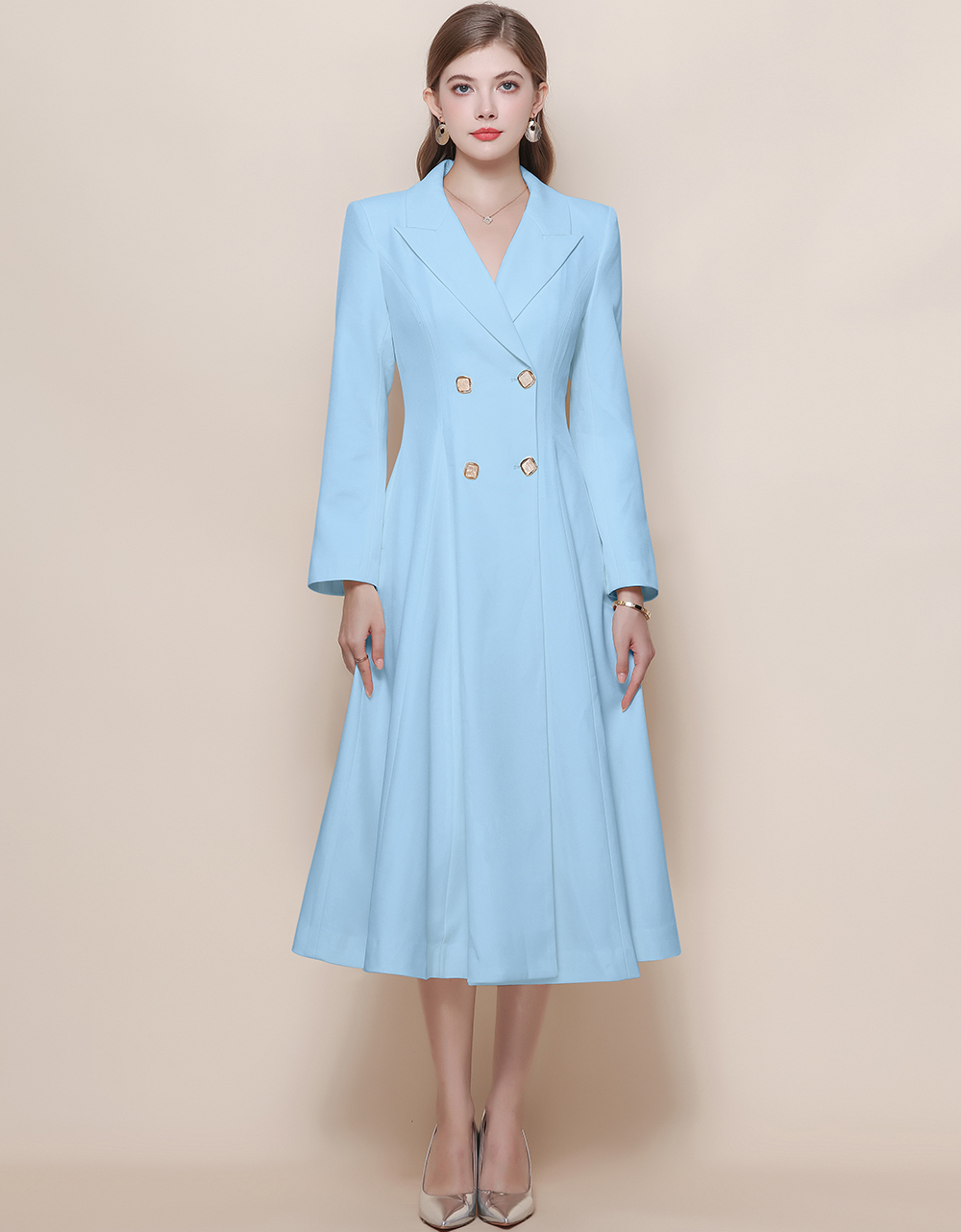 MY15219# 法式复古气质收腰显瘦双排扣大摆中长款风衣外套连衣裙女裝貨...