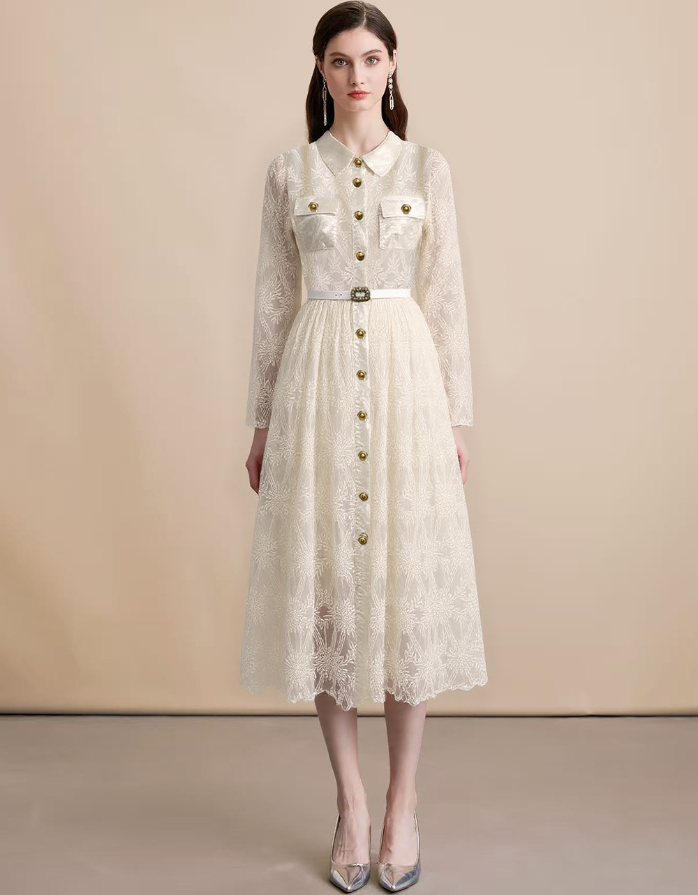 MY15218# 优雅长裙单排扣长袖POLO领收腰显瘦蕾丝连衣裙女送腰带女...