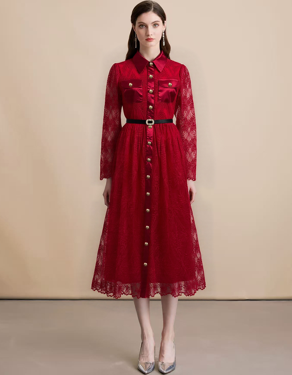 MY15215# 优雅长裙单排扣长袖POLO领收腰显瘦蕾丝连衣裙女送腰带女...