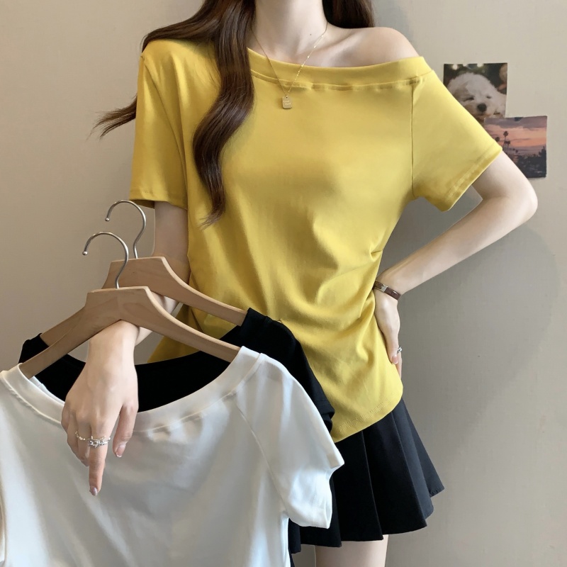 MY7398# 大码微胖妹妹时尚百搭设计感一字肩短袖T恤女宽松显瘦上衣女裝貨源服裝批發