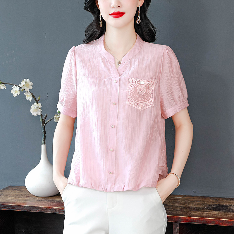夏裝新款百搭松緊腰V領上衣漂亮時尚媽媽裝顯瘦雪紡上衣女裝