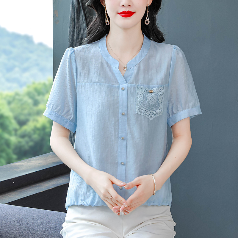 夏裝新款百搭松緊腰V領上衣漂亮時尚媽媽裝顯瘦雪紡上衣女裝