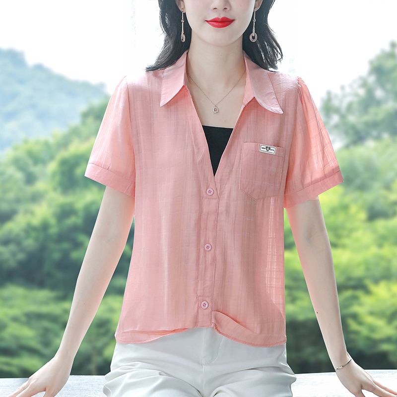 V領假兩件雪紡衫女夏季新款百搭漂亮媽媽裝時尚顯瘦上衣小衫