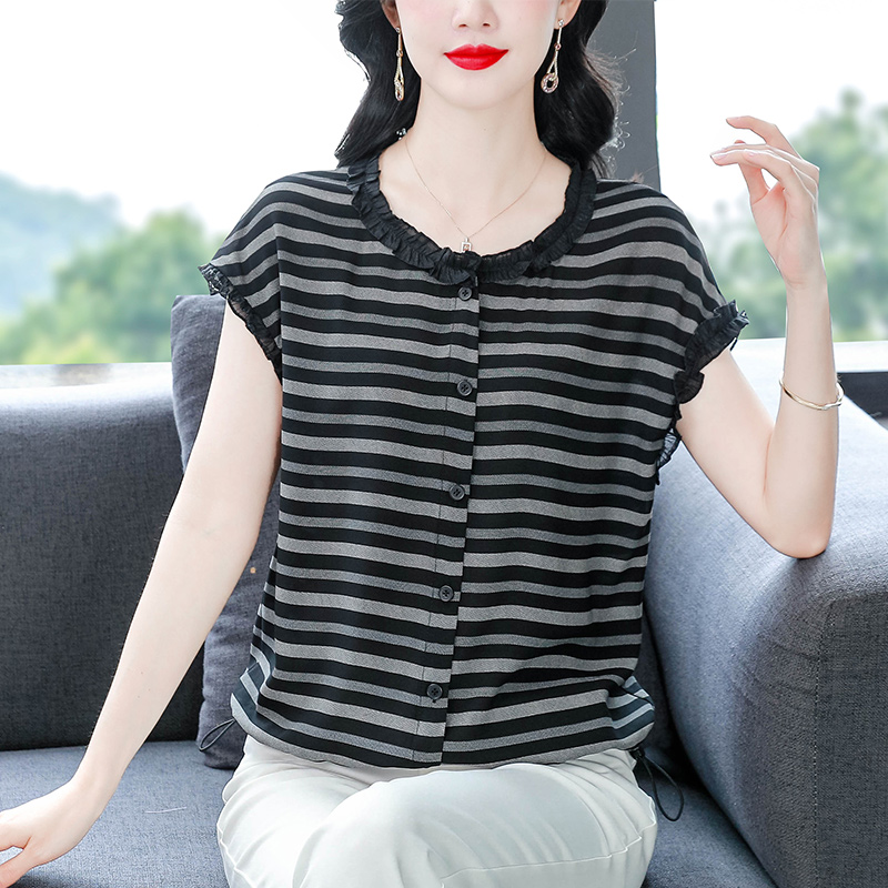 時尚媽媽裝木耳邊條紋短袖雪紡衫夏裝新款遮肚子顯瘦小衫女裝