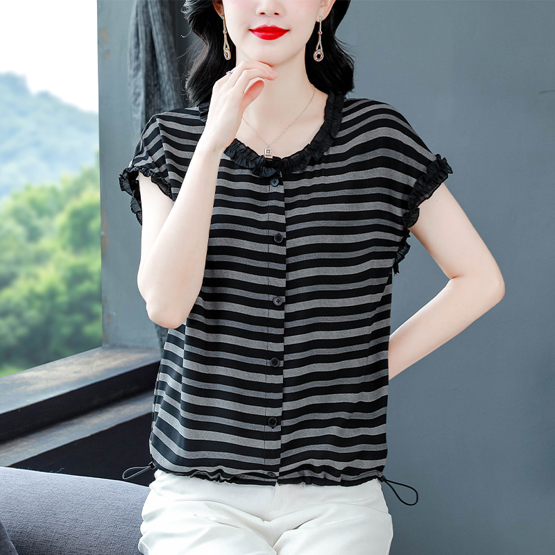 時尚媽媽裝木耳邊條紋短袖雪紡衫夏裝新款遮肚子顯瘦小衫女裝