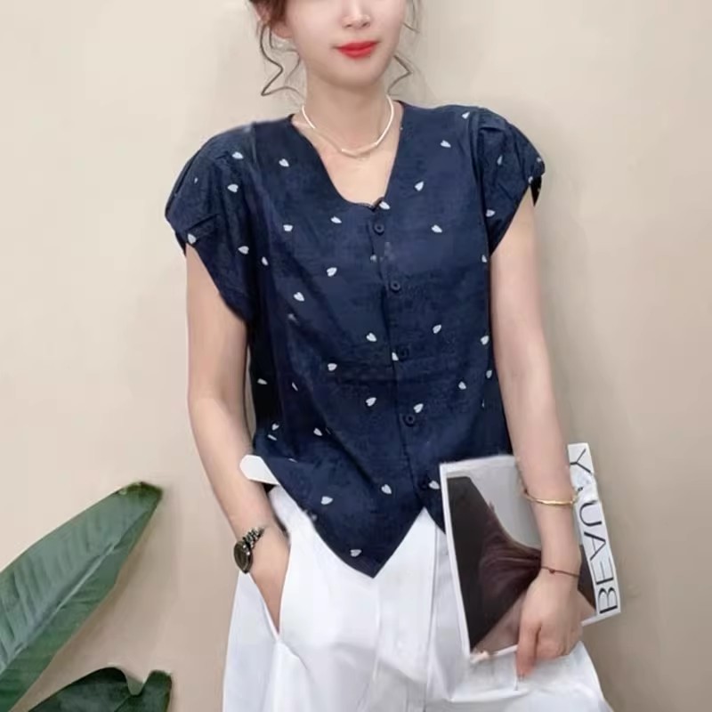 時尚印花短袖夏季薄款中年媽媽裝V領小衫寬松遮肚子上衣
