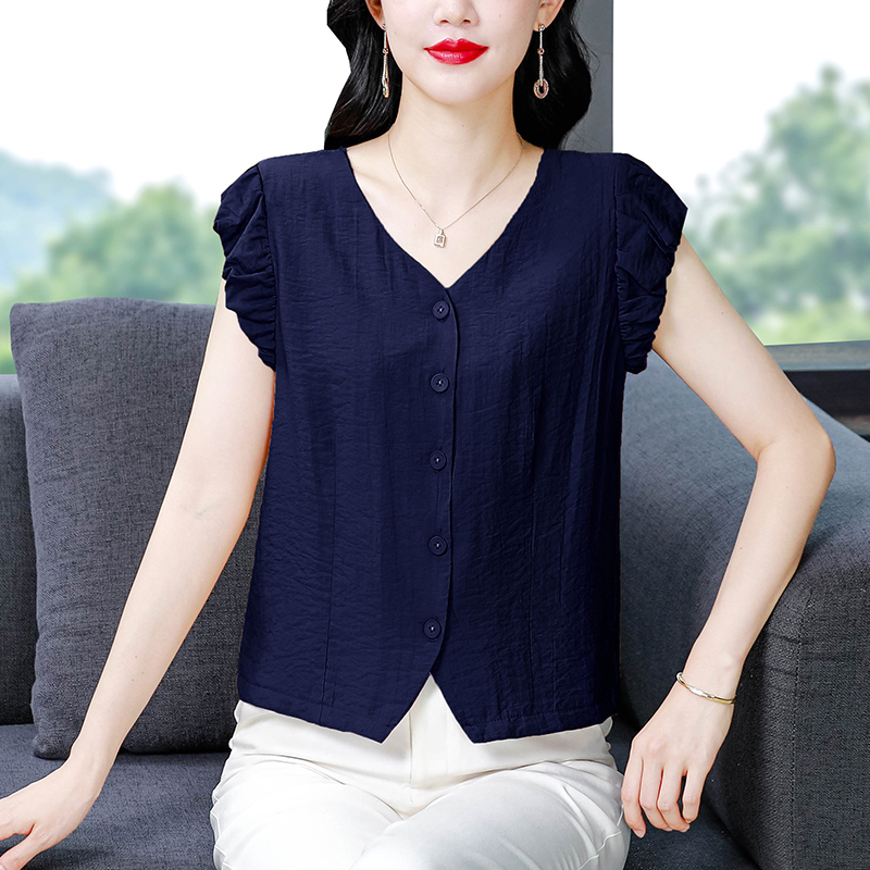 韓系小飛袖V領襯衫女夏季新款氣質百搭短款上衣減齡休閑小衫