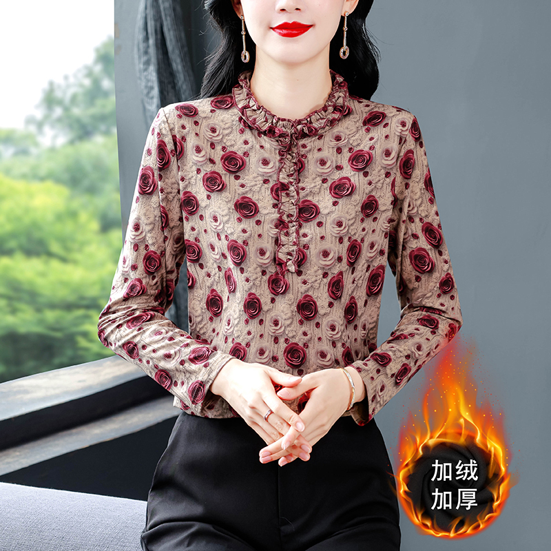 秋冬新款水晶棉長袖時尚彈力女裝氣質媽媽內搭上衣打底衫