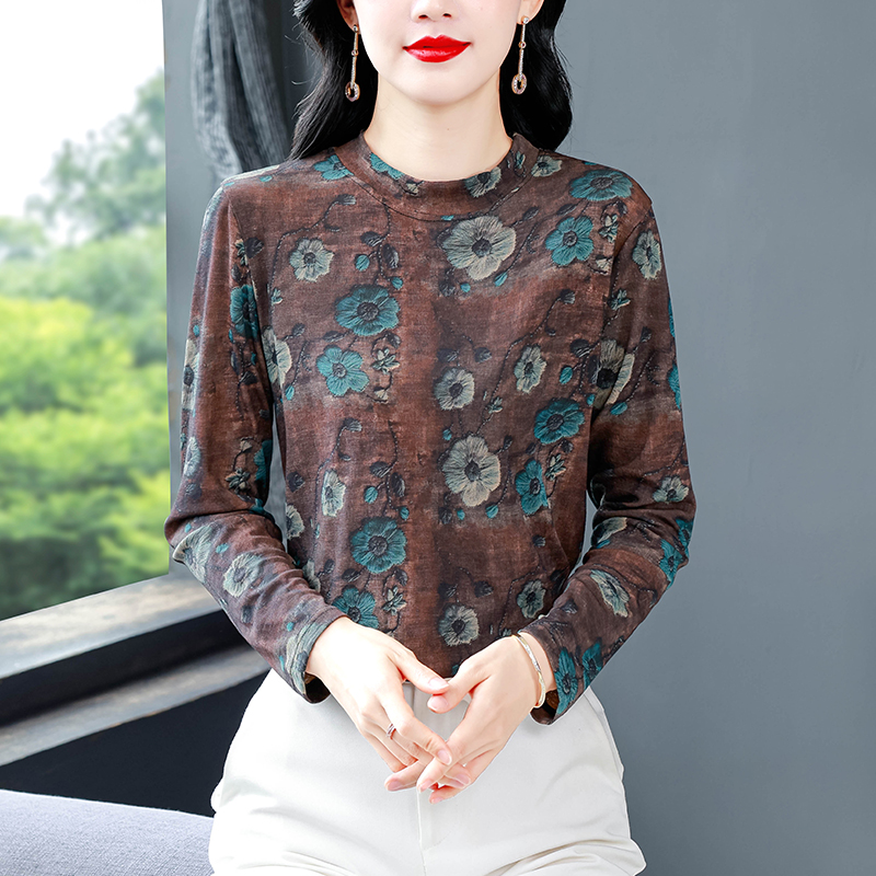 高級感印花內搭小衫秋冬新款打底衫修身半高領別致上衣女