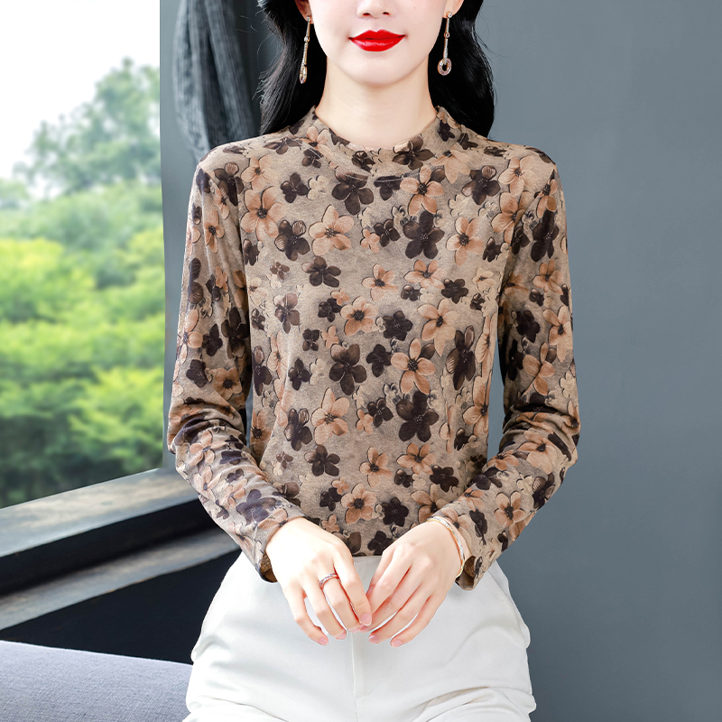 秋冬新款中年媽媽洋氣半高領長袖T恤打底衫女百搭高級感印花