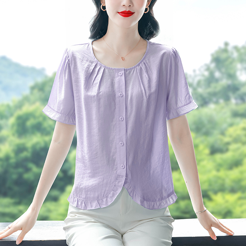 夏季新款短袖上衣女裝圓領寬松顯瘦漂亮媽媽裝襯衫小衫