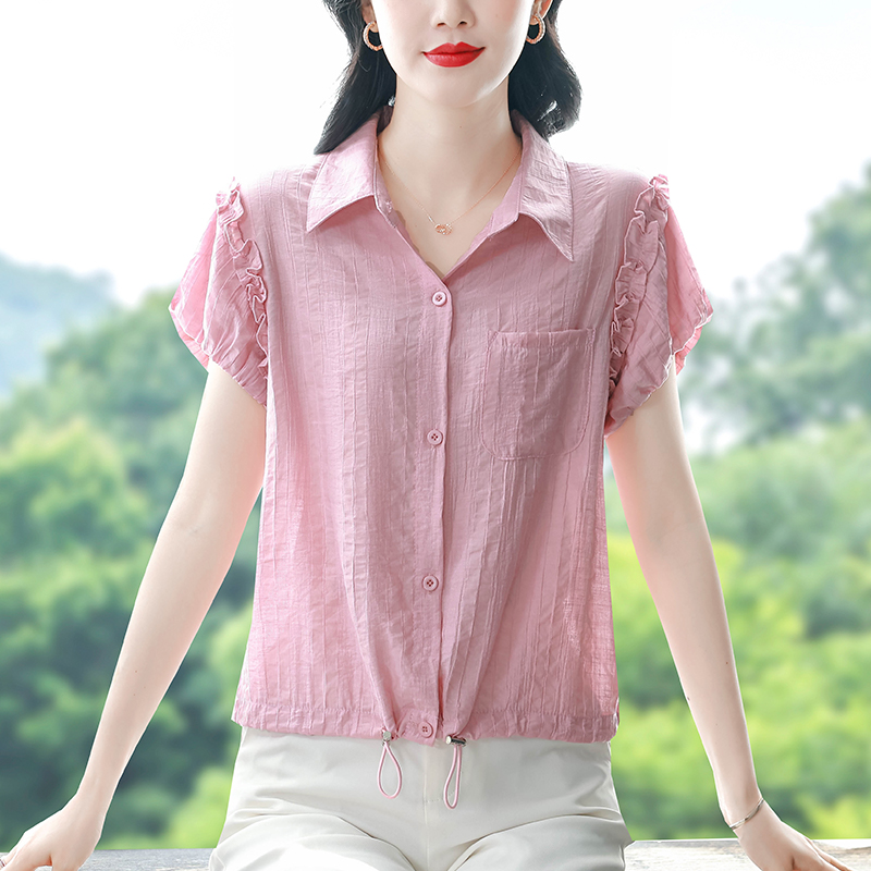 RY671# 法式气质高级感衬衫夏装新款短袖木耳边花苞漂亮妈妈上衣女士小衫