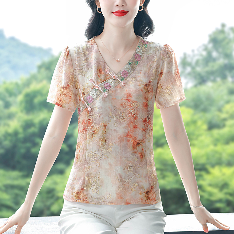 RY670# 新中式国风印花雪纺衬衫女士V领短袖小衫夏季新款漂亮妈妈上衣