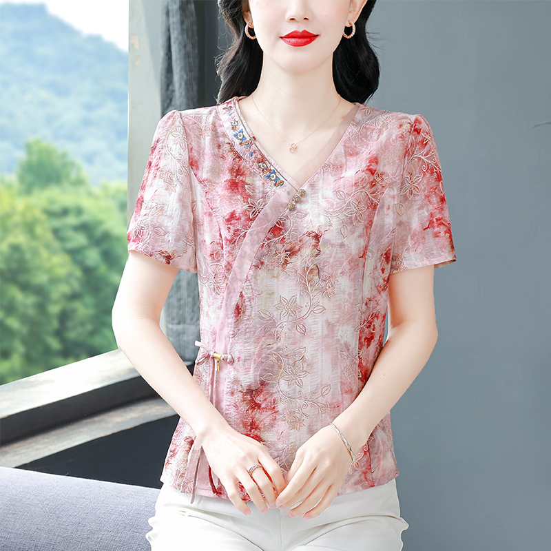 RY669# 国风复古短袖雪纺衫新中式刺绣V领显瘦上衣夏装新款女士百搭小衫