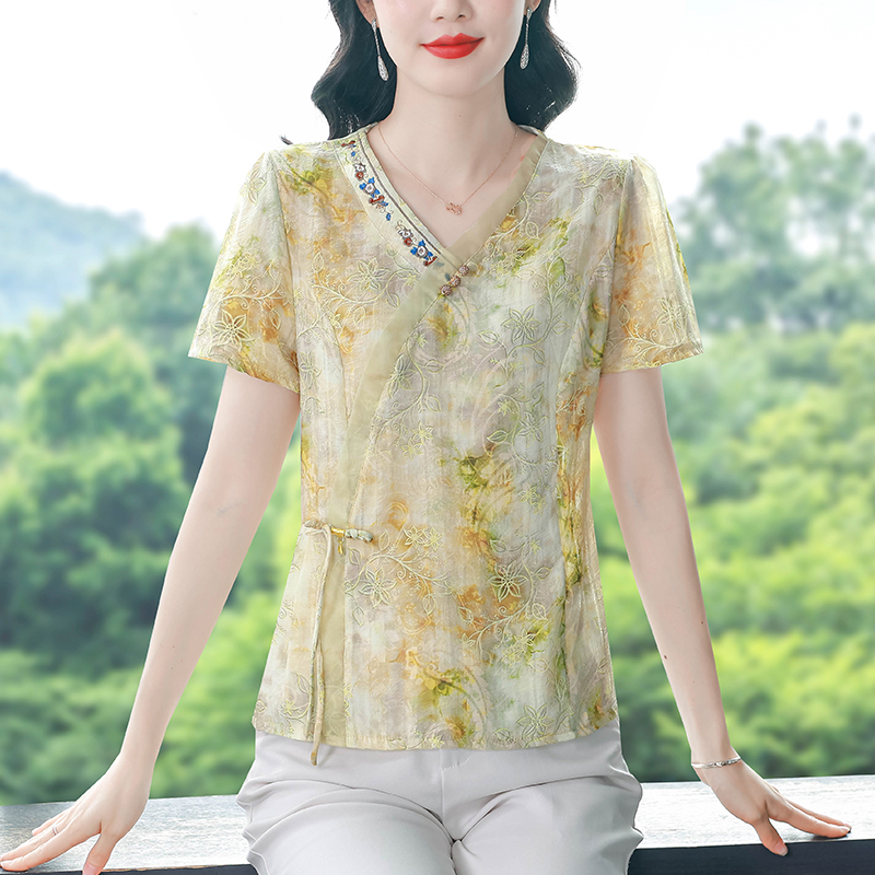 夏裝新款精致漂亮碎花雪紡衫國風短袖上衣新中式女裝百搭小衫