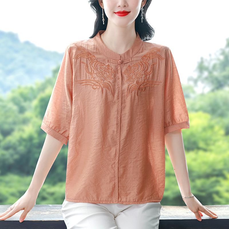 小立領刺繡棉麻上衣大碼寬松遮肚子中老年媽媽顯瘦短袖小衫夏新款