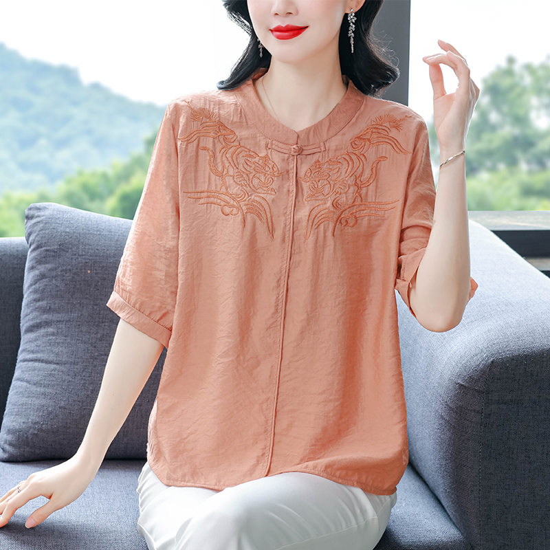 小立領刺繡棉麻上衣大碼寬松遮肚子中老年媽媽顯瘦短袖小衫夏新款