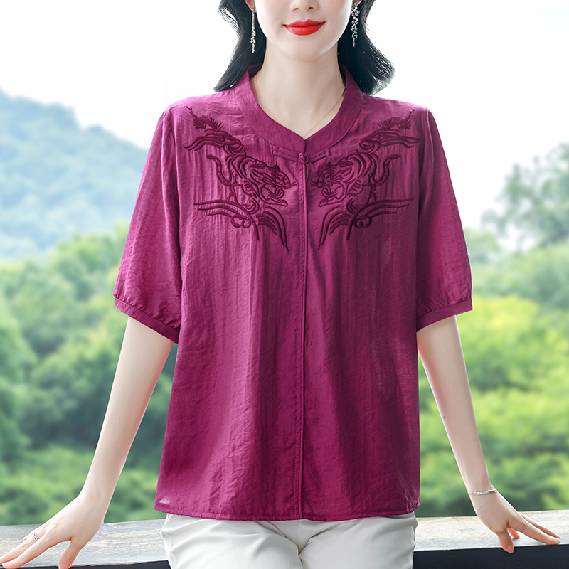 小立領刺繡棉麻上衣大碼寬松遮肚子中老年媽媽顯瘦短袖小衫夏新款