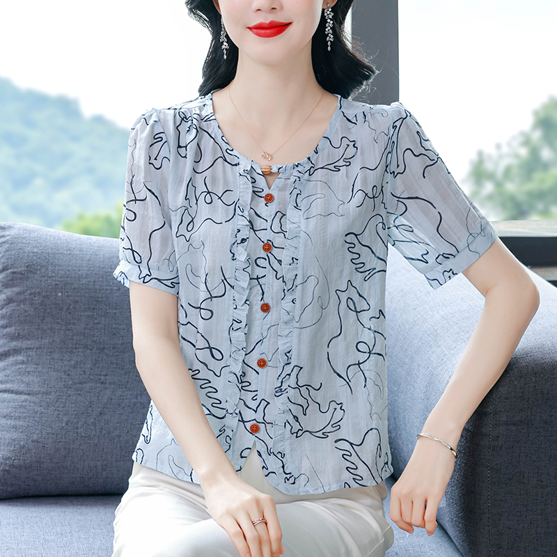 精致百搭上衣圓領碎花雪紡衫百搭漂亮媽媽女裝夏裝新款小衫短袖