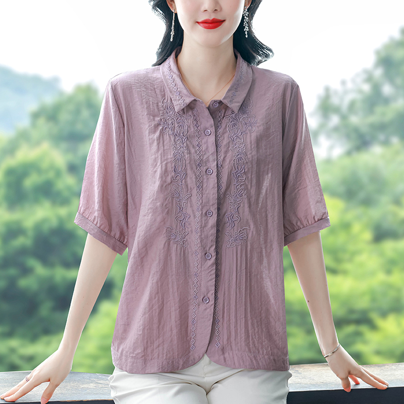 重工刺繡棉麻襯衫大碼寬松遮肚顯瘦短袖上衣中年媽媽女士百搭小衫