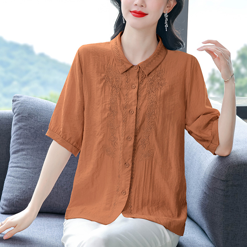 重工刺繡棉麻襯衫大碼寬松遮肚顯瘦短袖上衣中年媽媽女士百搭小衫