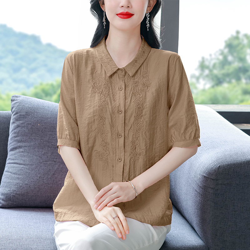 重工刺繡棉麻襯衫大碼寬松遮肚顯瘦短袖上衣中年媽媽女士百搭小衫