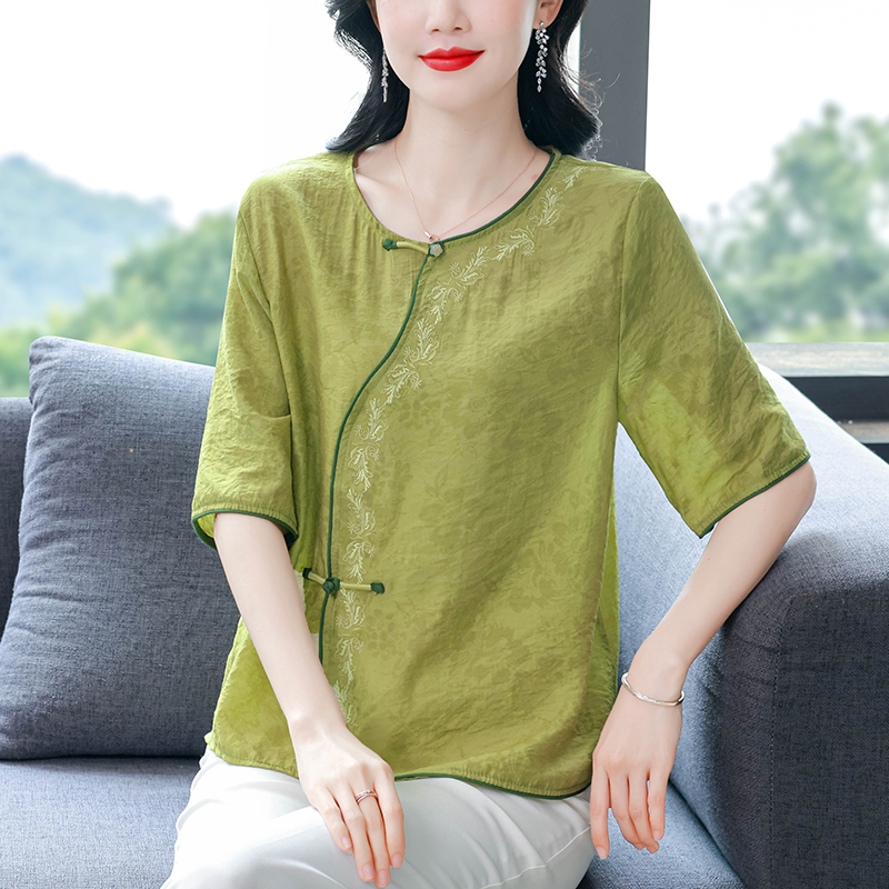 新中式復古國風盤扣圓領短袖棉麻上衣時尚漂亮百搭女裝夏新款小衫