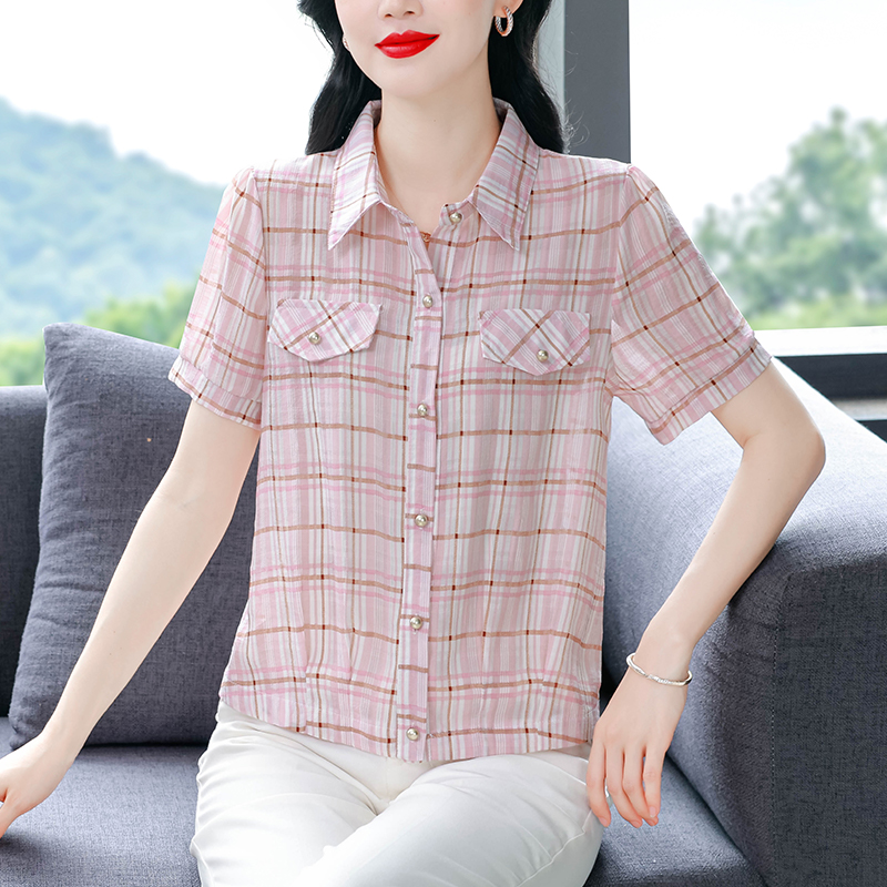 夏季新款翻領格子襯衫設計感短袖精致氣質遮肉百搭上衣女士雪紡衫