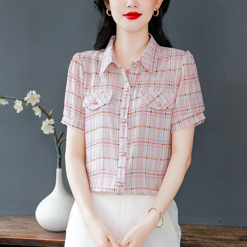 夏季新款翻領格子襯衫設計感短袖精致氣質遮肉百搭上衣女士雪紡衫
