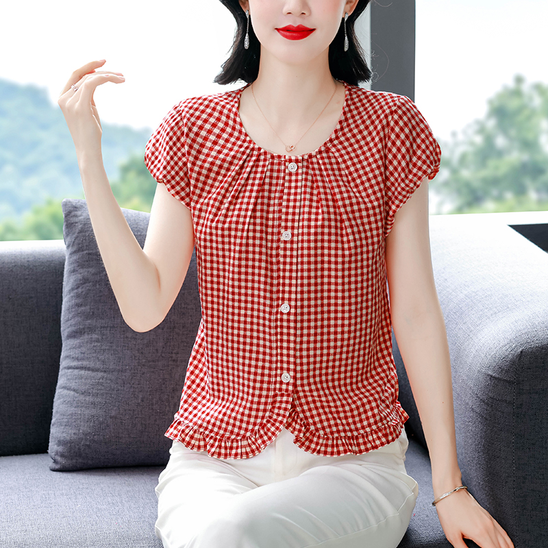 年輕媽媽夏裝洋氣短袖減齡格子襯衫夏季新款百搭短款小衫女士上衣