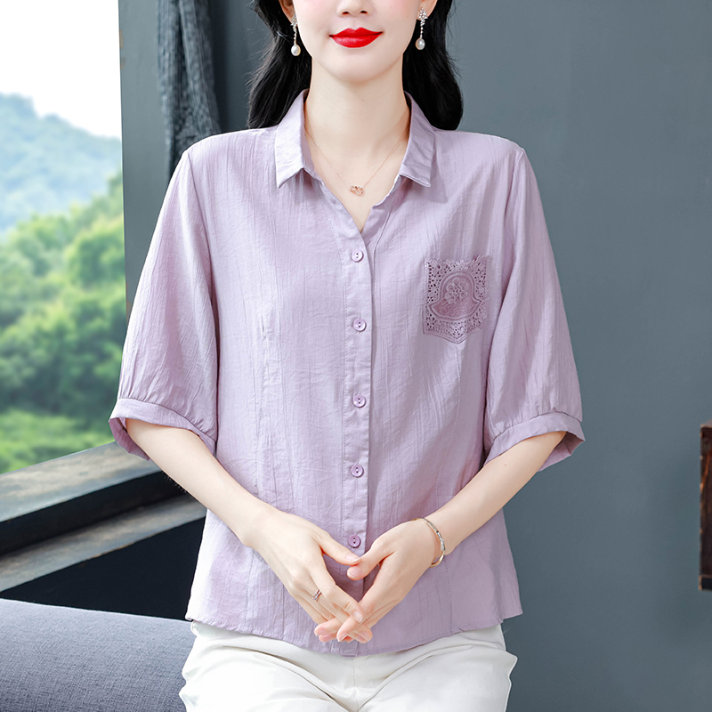 中年媽媽夏裝襯衫女新款蕾絲口袋寬松大碼棉麻上衣遮肚子顯瘦小衫