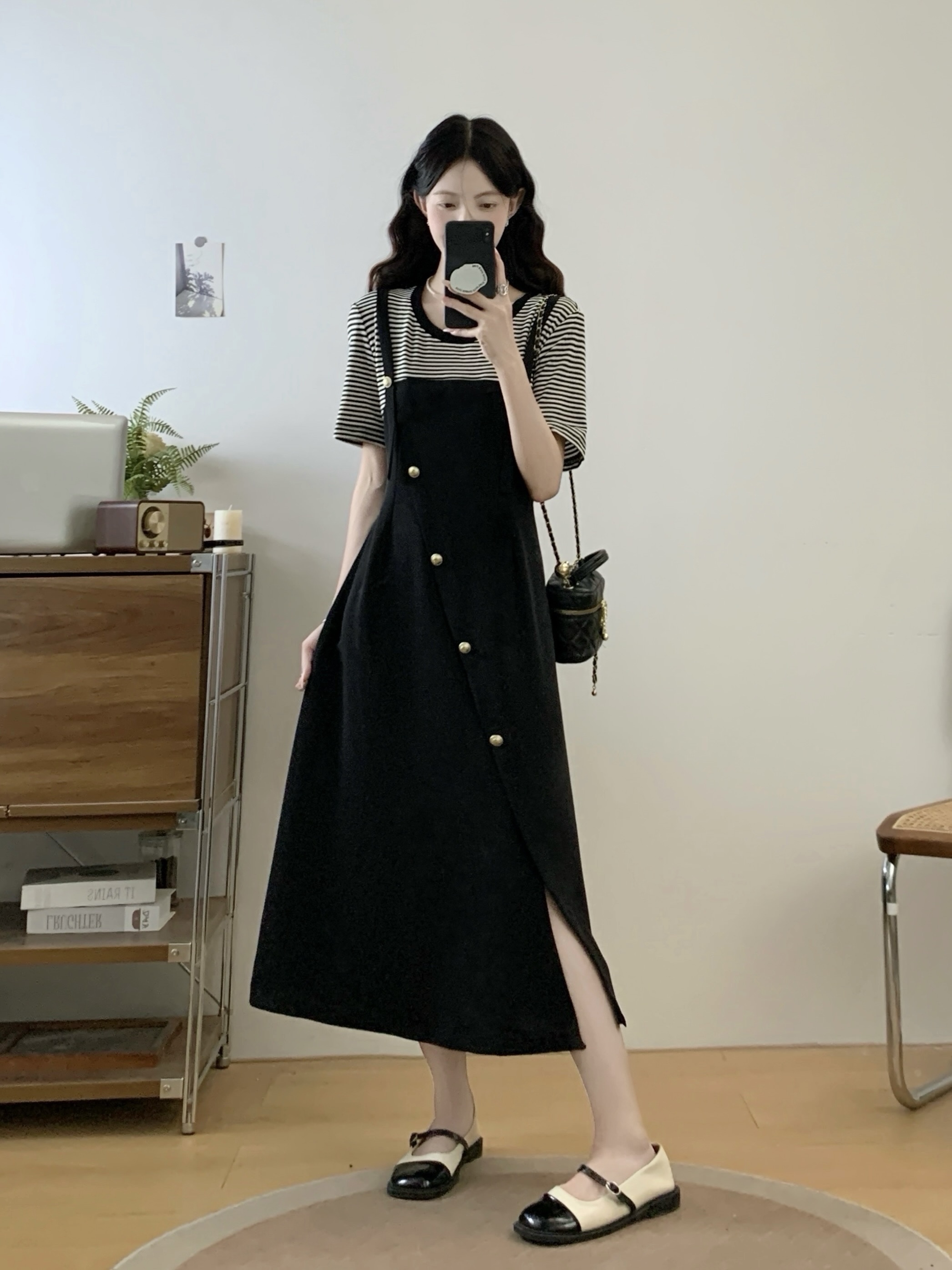 MY15583# 大码女装新款时尚气质条纹拼接假两件收腰显瘦连衣裙女裝貨源...