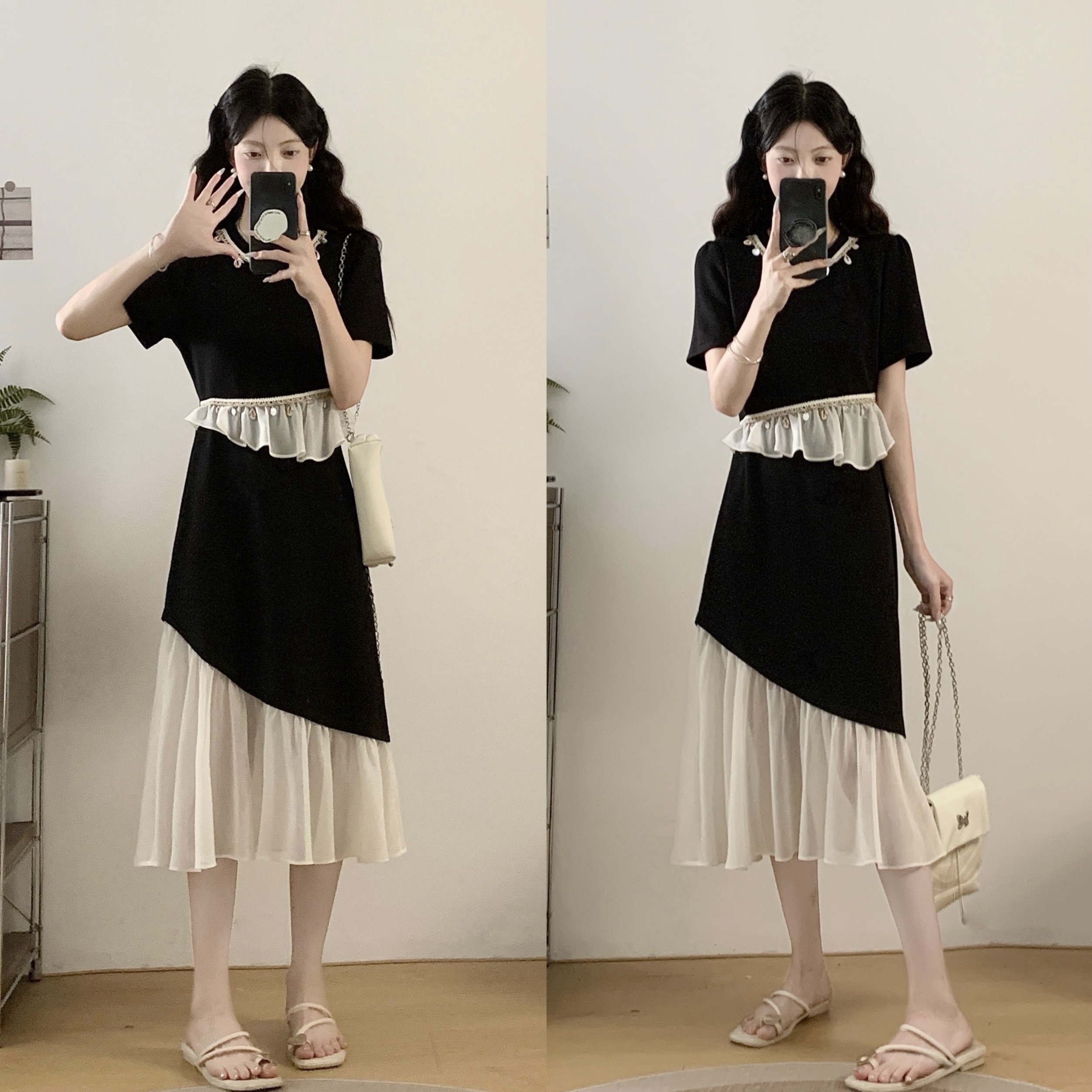 MY15597# 大码女装夏季法式小香风气质荷叶边收腰显瘦假两件连衣裙女裝...