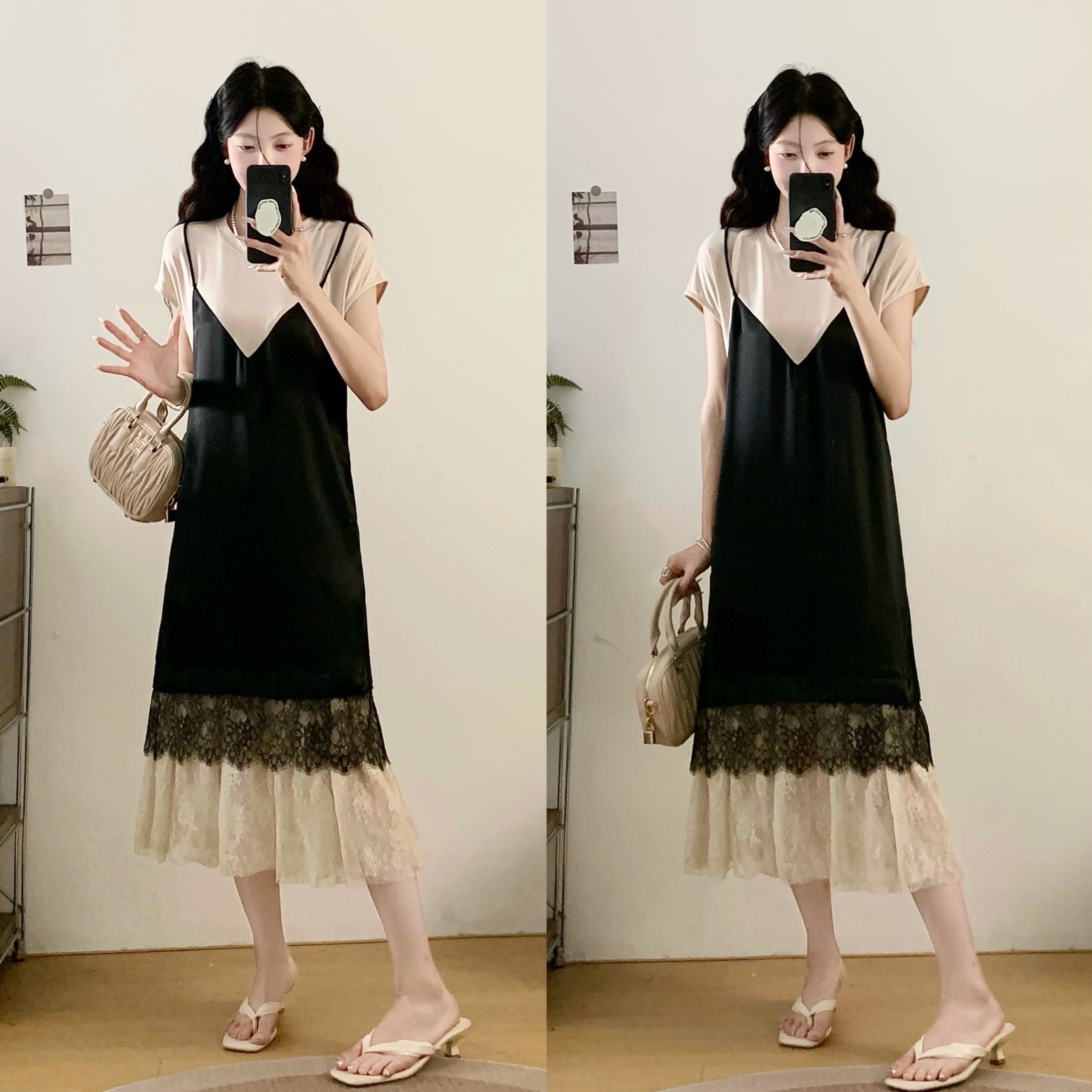 MY15579# 大码女装夏季新款时尚蕾丝拼接假两件宽松显瘦遮肚连衣裙女裝...