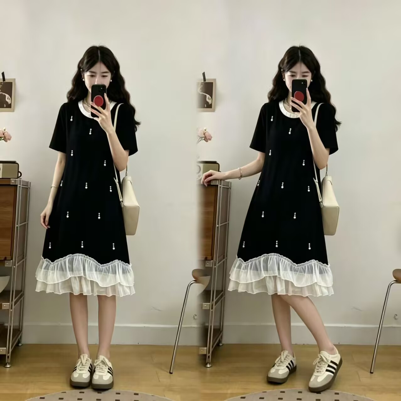 RY4255# 实拍大码女装2026新款韩系温柔风气质钉珠荷叶边宽松显瘦连衣裙