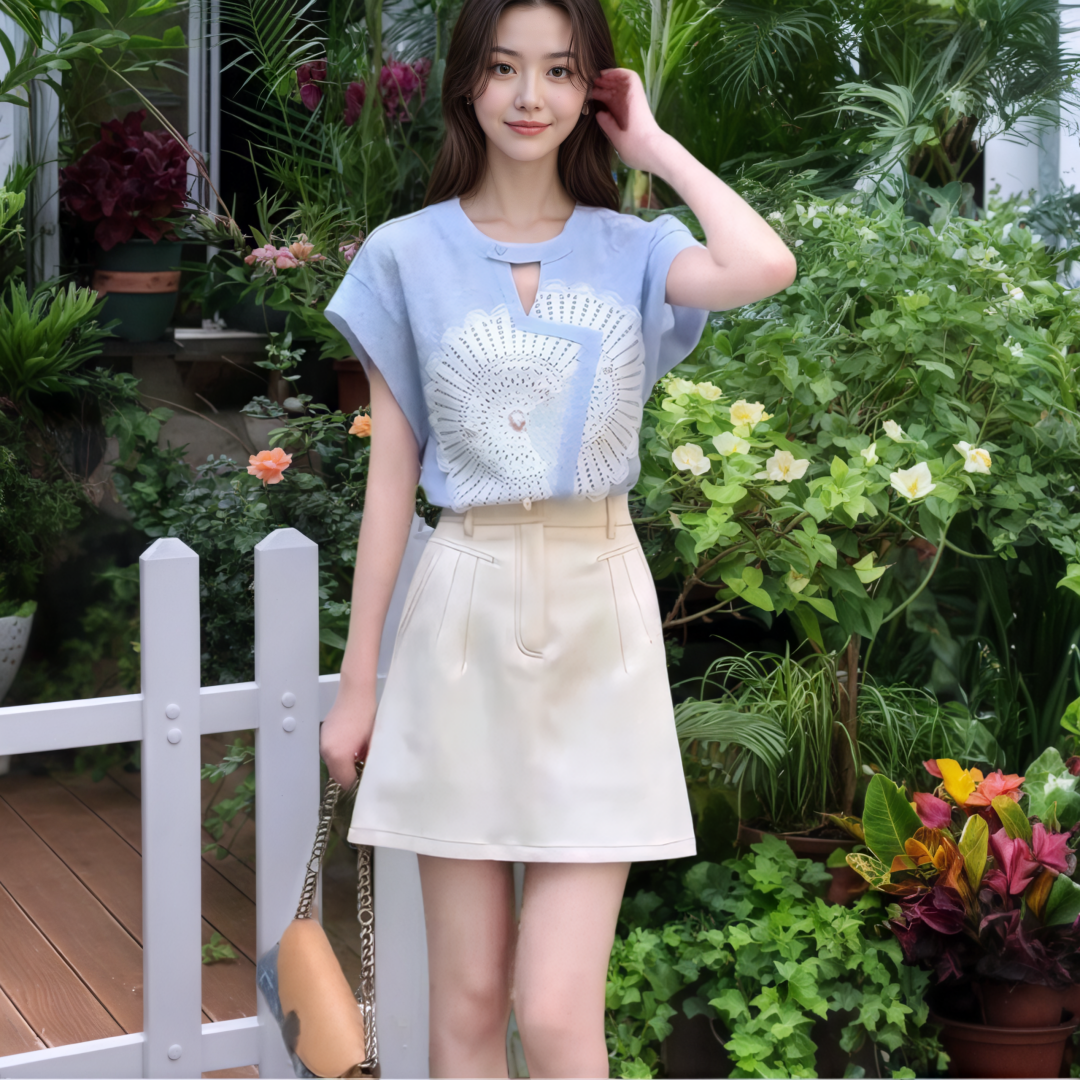 MY7700# 夏季新款两件套女小清新蓝色镂空防走光连肩袖上衣牛仔半身裙女裝貨源服裝批發