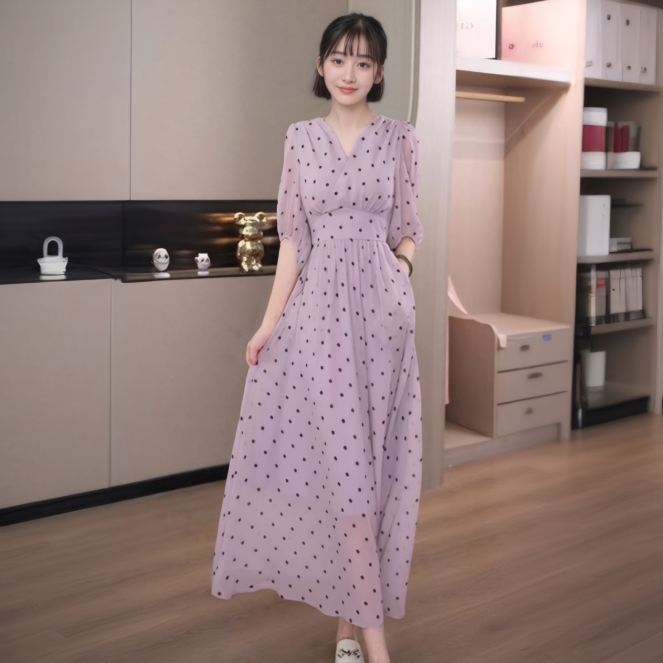 MY11602# 法式温柔波点连衣裙新款女夏季新款茶歇复古收腰v领气质长裙...