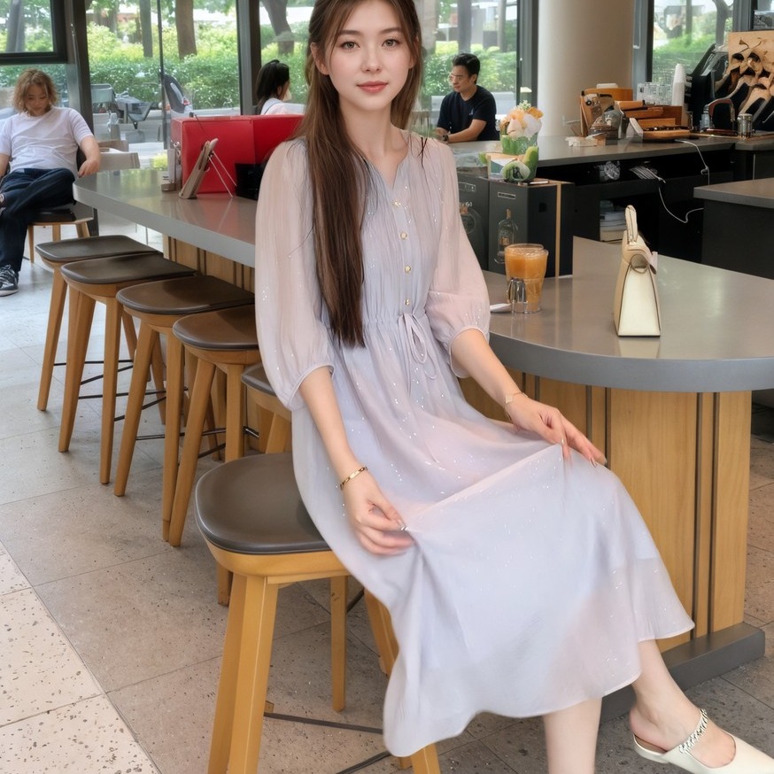 MY11607# 漫银河闪闪撒银夏季显瘦紫色连衣裙中长款气质收腰抽绳衬衫裙...