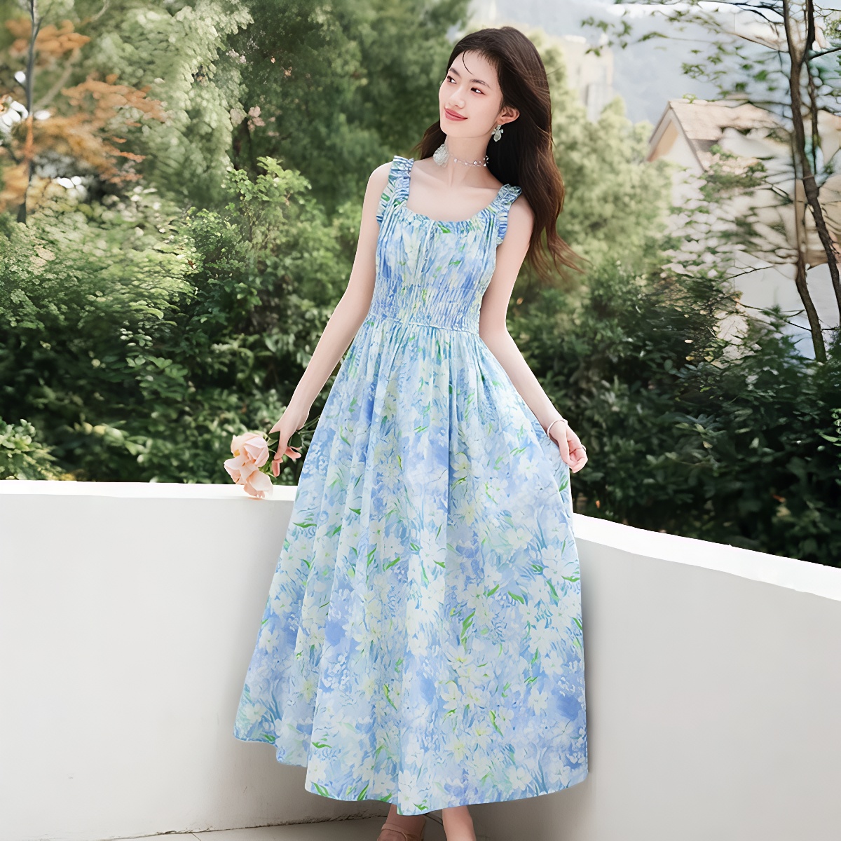 RY2061# 法式浪漫风气质印花长款连衣裙女2026夏季新款绝美漂亮收腰A字裙