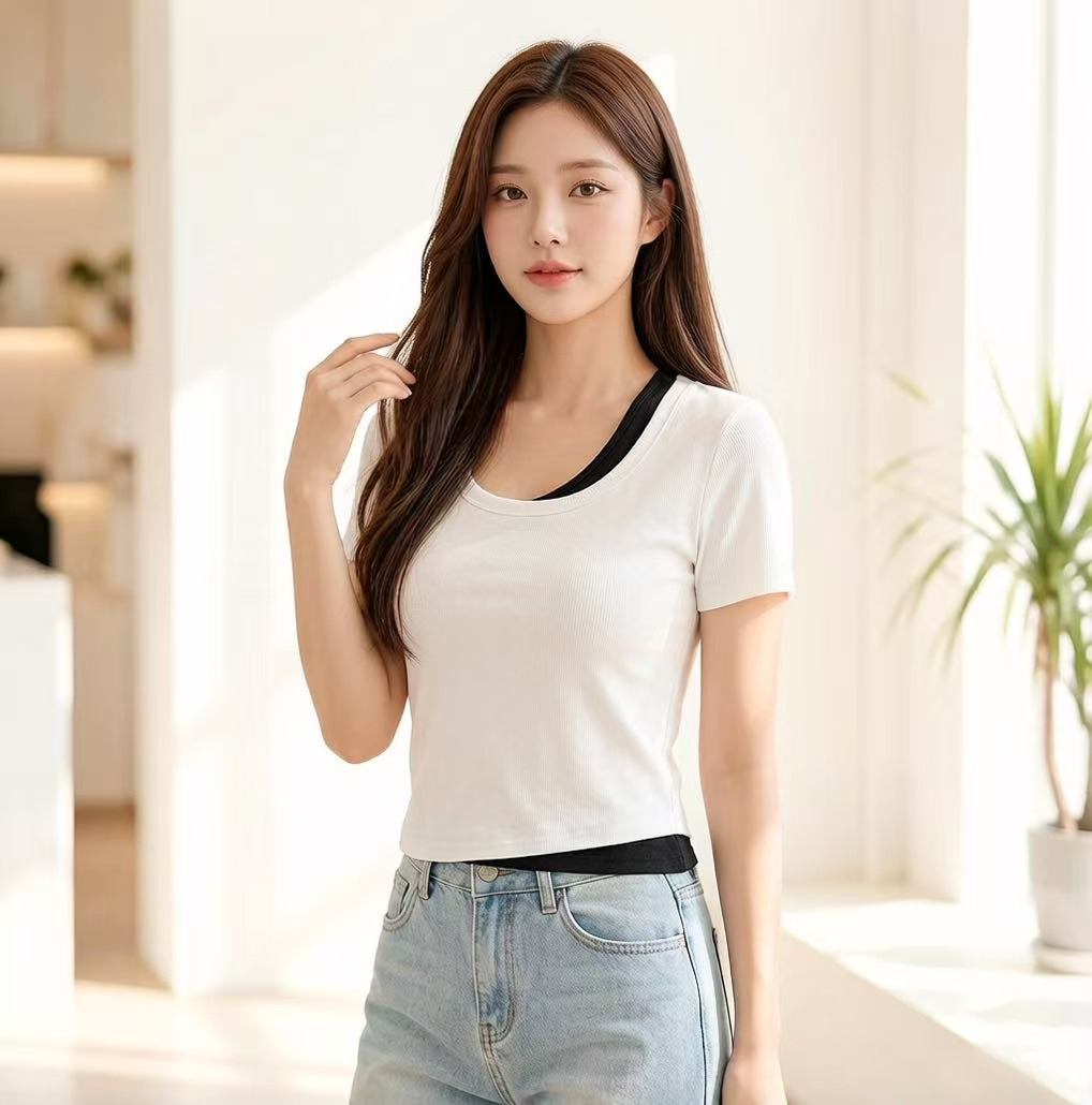 RY2381# 实拍纯棉短袖T恤女夏2026韩版新款撞色假两件百搭修身纯色上衣