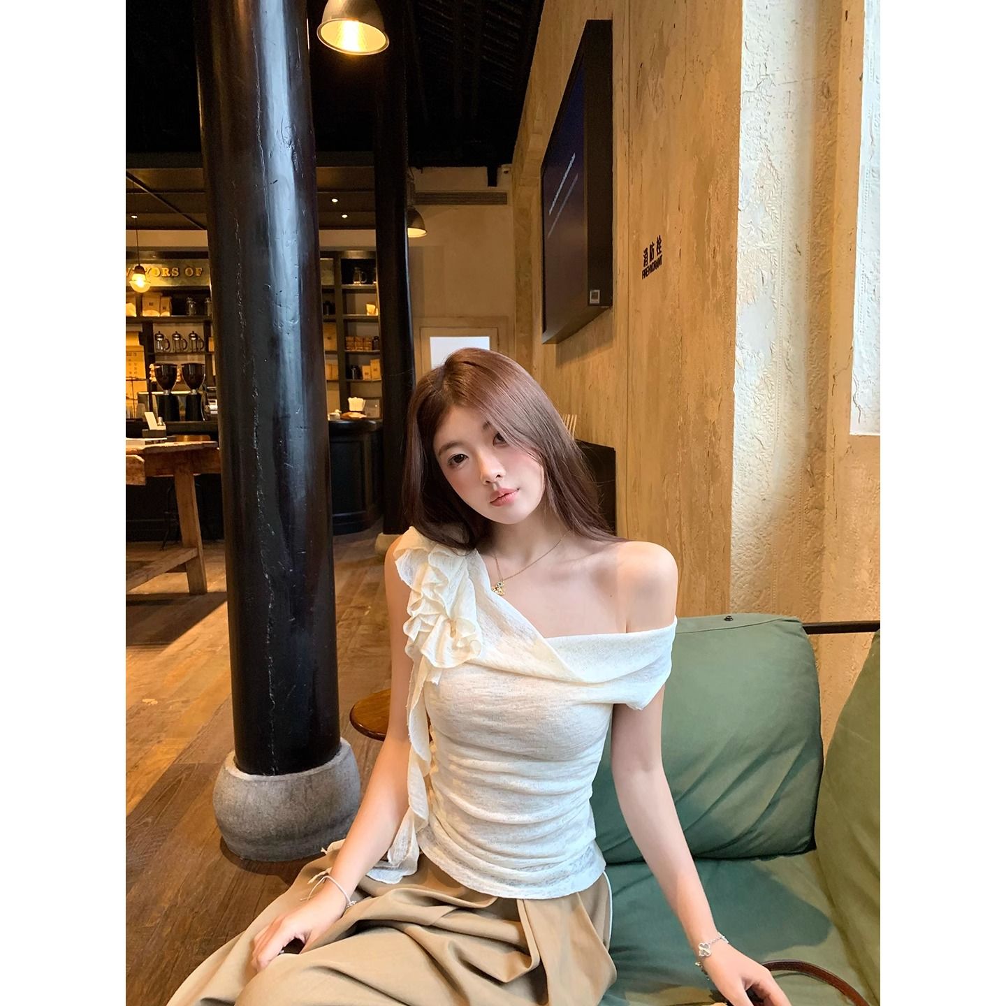 RY2379# 2026韩版天丝螺纹荡领飘带花朵斜肩短袖t恤女夏收腰褶皱背...