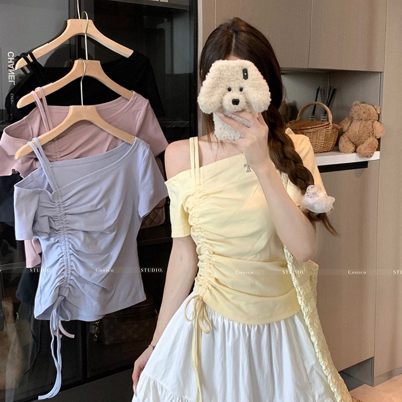 RY2380# 高弹螺纹设计感斜领露肩抽绳上衣女夏季小众别致收腰显瘦辣妹T恤