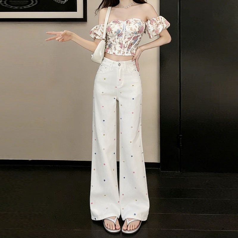 RY2404# 大码高腰阔腿牛仔裤女2026春夏新款显瘦设计感小花刺绣拖地...
